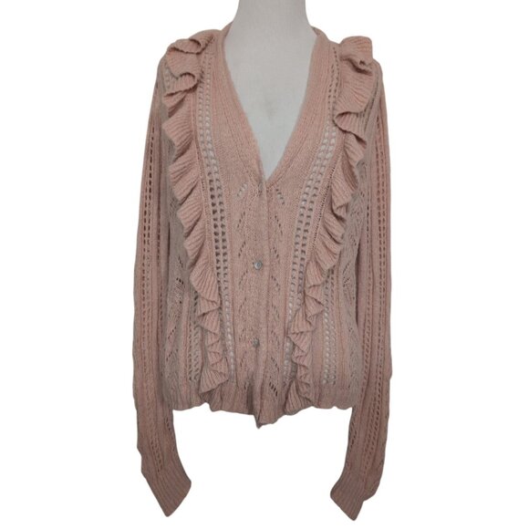 Cato Crochet Ruffle Cardigan Womens Size XL Baby Pink Long Sleeve Sweater - Picture 1 of 13